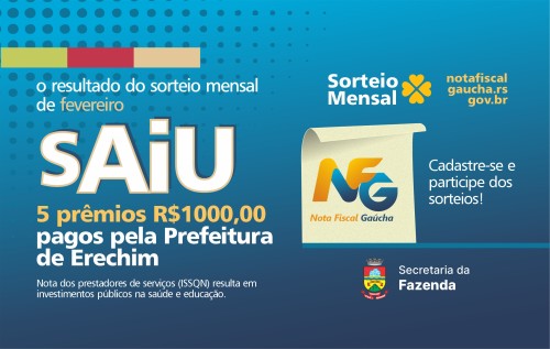 Nota Fiscal Ga?cha: ganhadores do sorteio do munic?pio de Erechim do dia 29/02/2024