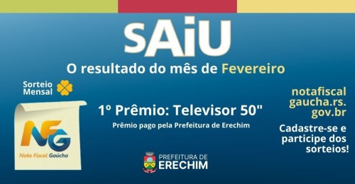 Confira o ganhador do sorteio da Nota Ga?cha de fevereiro pago pela Prefeitura