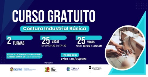 Inscrições abertas para curso gratuito de Costura Industrial Básica