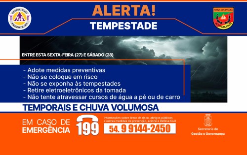  Alerta de tempestades para regi?es norte, noroeste e serra ga?cha, com queda de granizo, descargas el?tricas e ventos de 80 km/h