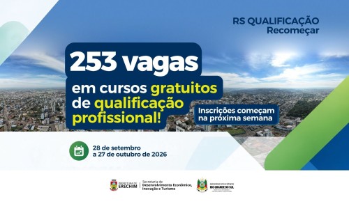 Inscrições para mais de 250 vagas em cursos gratuitos de qualificação profissional iniciam na próxima semana