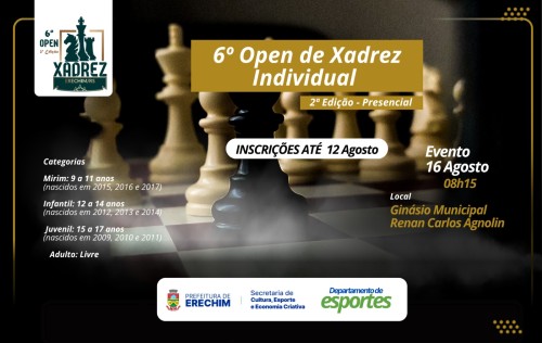 Inscrições abertas para o 6º Open de Xadrez Individual de Erechim seguem até 12 de agosto