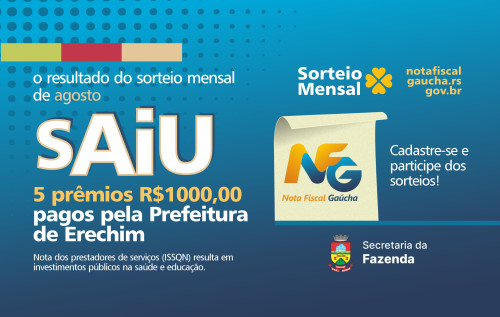 Nota Fiscal Gaúcha: ganhadores do sorteio do município de Erechim do dia 31/08/2023 