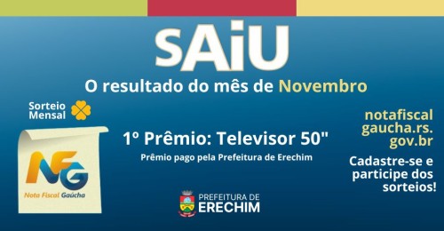 Nota Fiscal Gaúcha: ganhadores do sorteio de Erechim do dia 26/01/2023